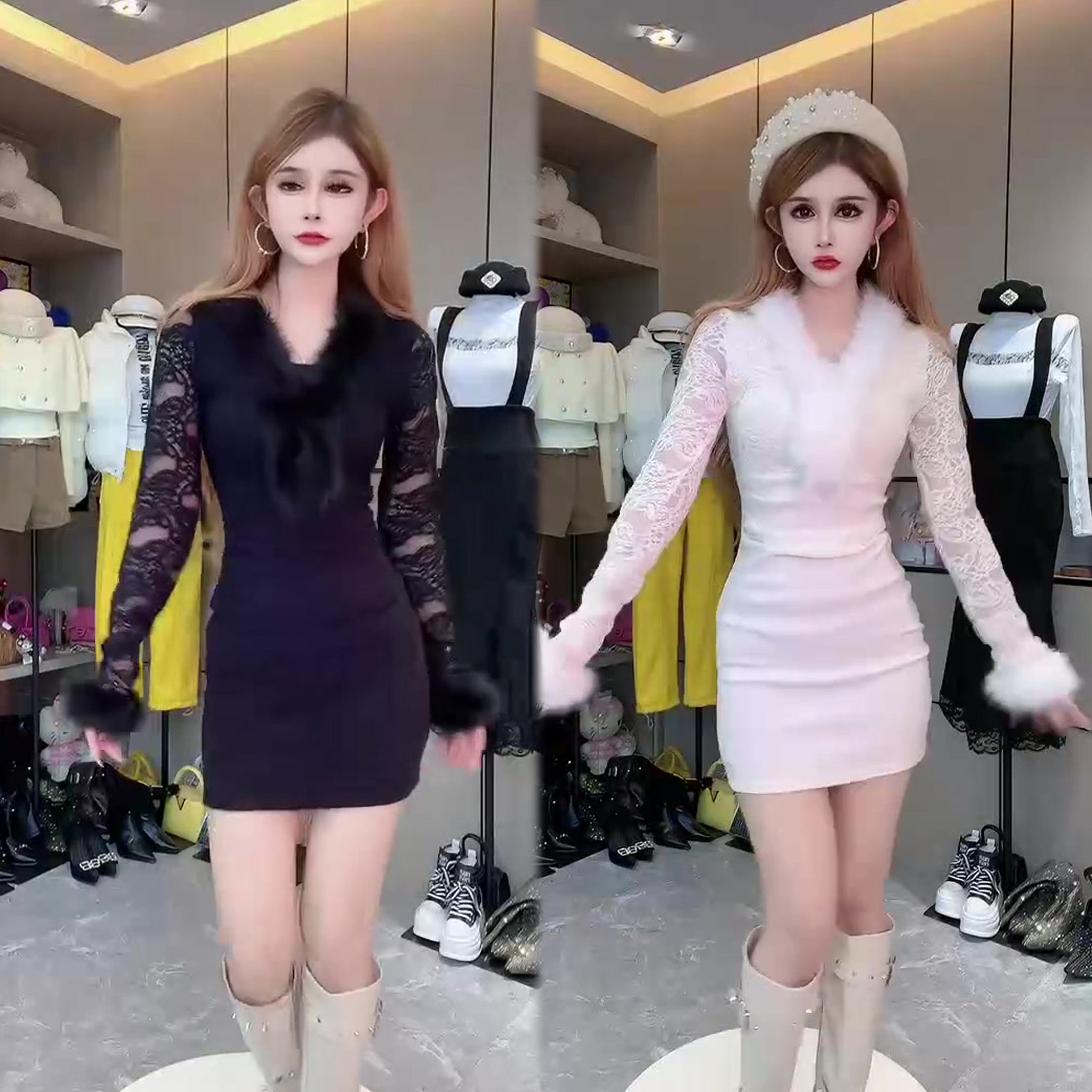 毛毛袖蕾丝拼接修身连衣裙女