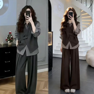 女2026春季 新款 条纹衬衫 网红款 阔腿裤 套装 马甲 三件套潮 欧韩时尚