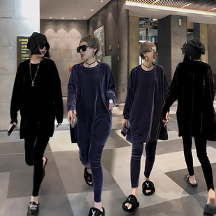 女2023秋季 新款 韩版 网红爆款 打底裤 套装 宽松显瘦上衣 金丝绒时尚