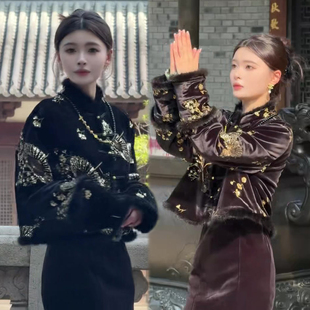 新国风盘扣毛毛拼接外套 裙冬季 高腰丝绒半裙两件 套装 禅意风时尚