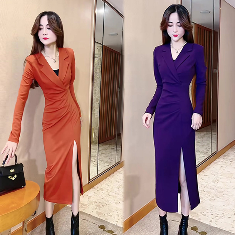 西服领气质高级感连衣裙女欧货2023秋季新款收腰显瘦时尚开叉裙潮