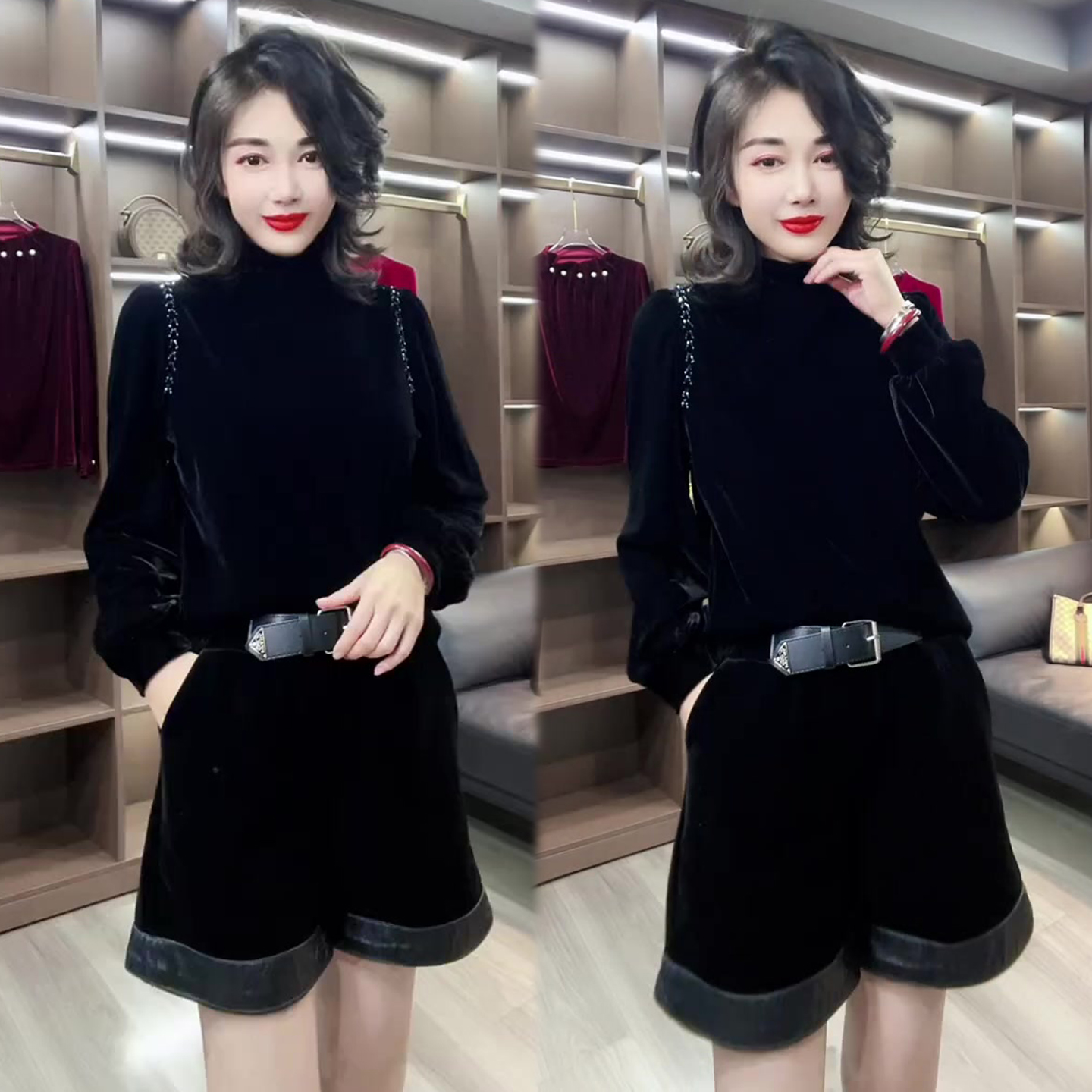 高领丝绒串珠小衫女冬季新款成熟气质时尚欧货百搭网红款打底衫潮