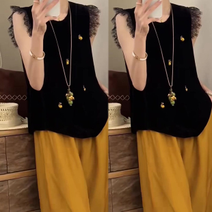 蕾丝拼接丝绒背心女2026春夏季新款圆领成熟气质百搭高端无袖上衣