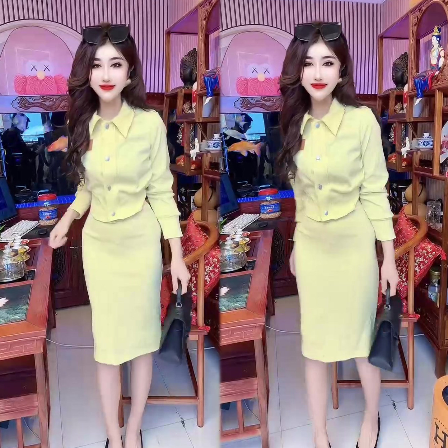 时尚减龄套装裙2026春季新款POLO领短上衣+高腰包臀半身裙两件套