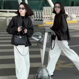 韩版时尚洋气两件套女春季百搭个性皮衣外套显瘦遮肉休闲裤套装潮