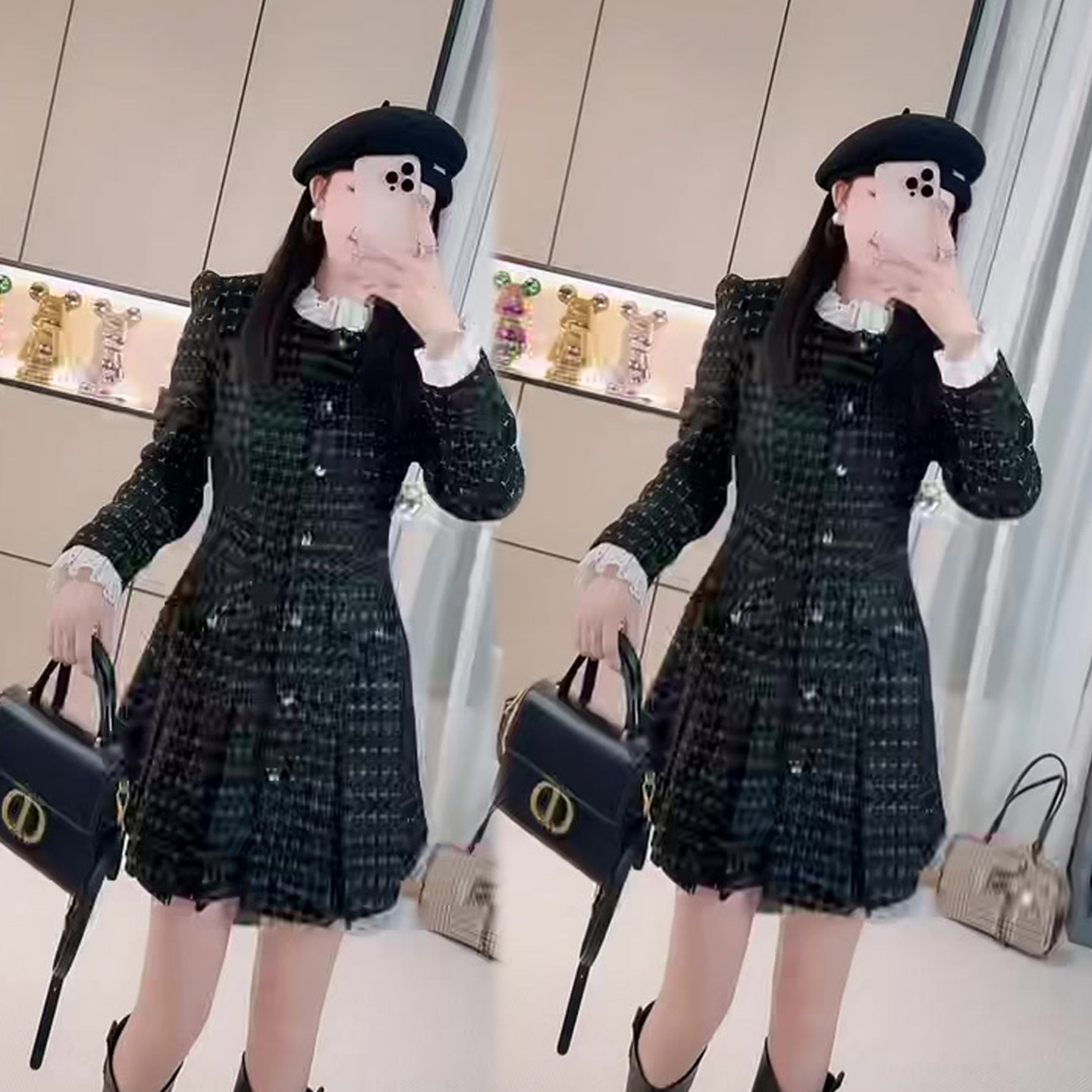 小香风花边领连衣裙女秋冬新款高腰显瘦韩系洋气欧货女裙子中长裙