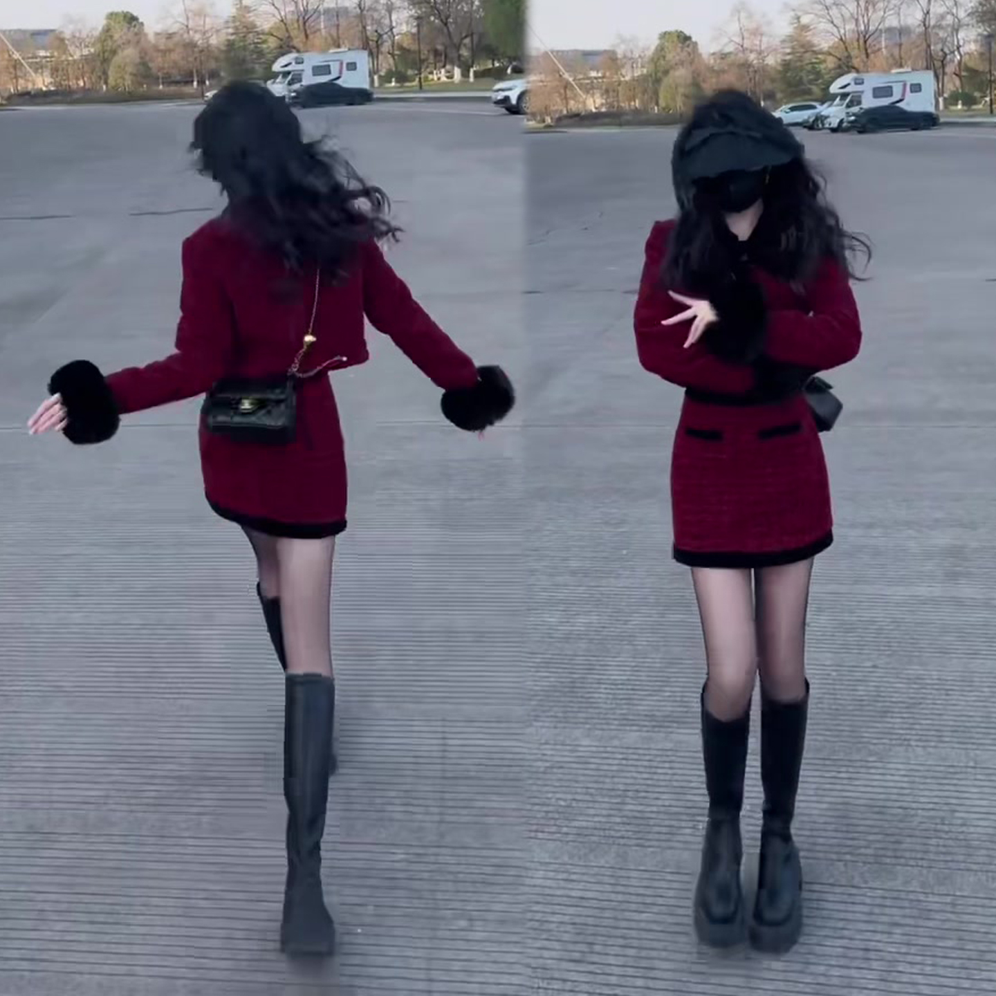 时尚减龄套装裙冬季新款毛毛袖短款外套+高腰韩版显瘦短裙两件套