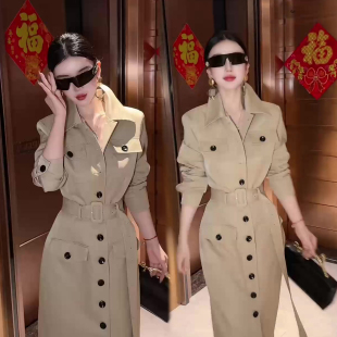 工装风收腰排扣长袖连衣裙女2025秋季新款中长裙时尚高腰气质女裙