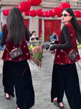 新中式套装女马甲+打底衫+阔腿裤