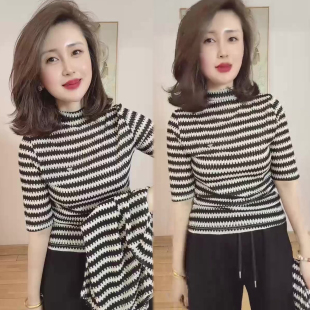 蕾丝网纱条纹中袖上衣女2026春季新款高级感气质打底衫小衫半袖潮