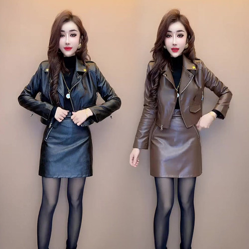 气质名媛PU皮外套短裙套装