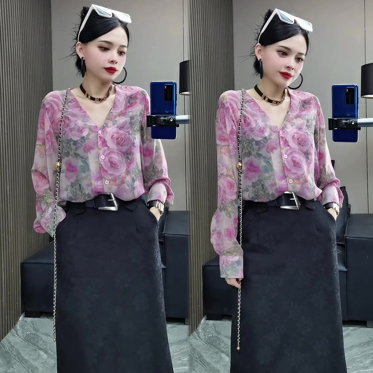 韩系减龄套装裙2026春季新款雪纺V领花朵衬衫+半身长裙两件套装潮