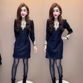 显瘦遮肉百搭时尚 欧货高级感蕾丝拼接设计小黑裙女秋季 新款 连衣裙