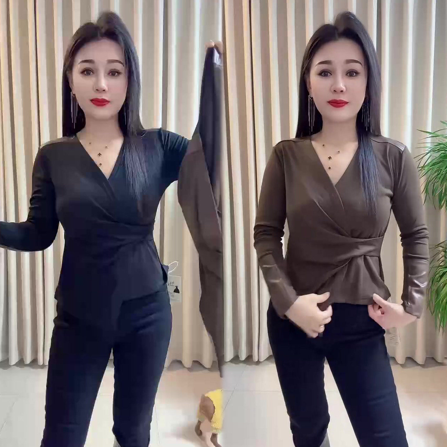 V领捏褶收腰上衣女2025冬季新款成熟气质网红爆款小衫显瘦打底衫