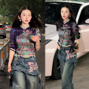 国风气质时尚套装女2026秋冬季新款民族风衬衫+花卉牛仔裤两件套