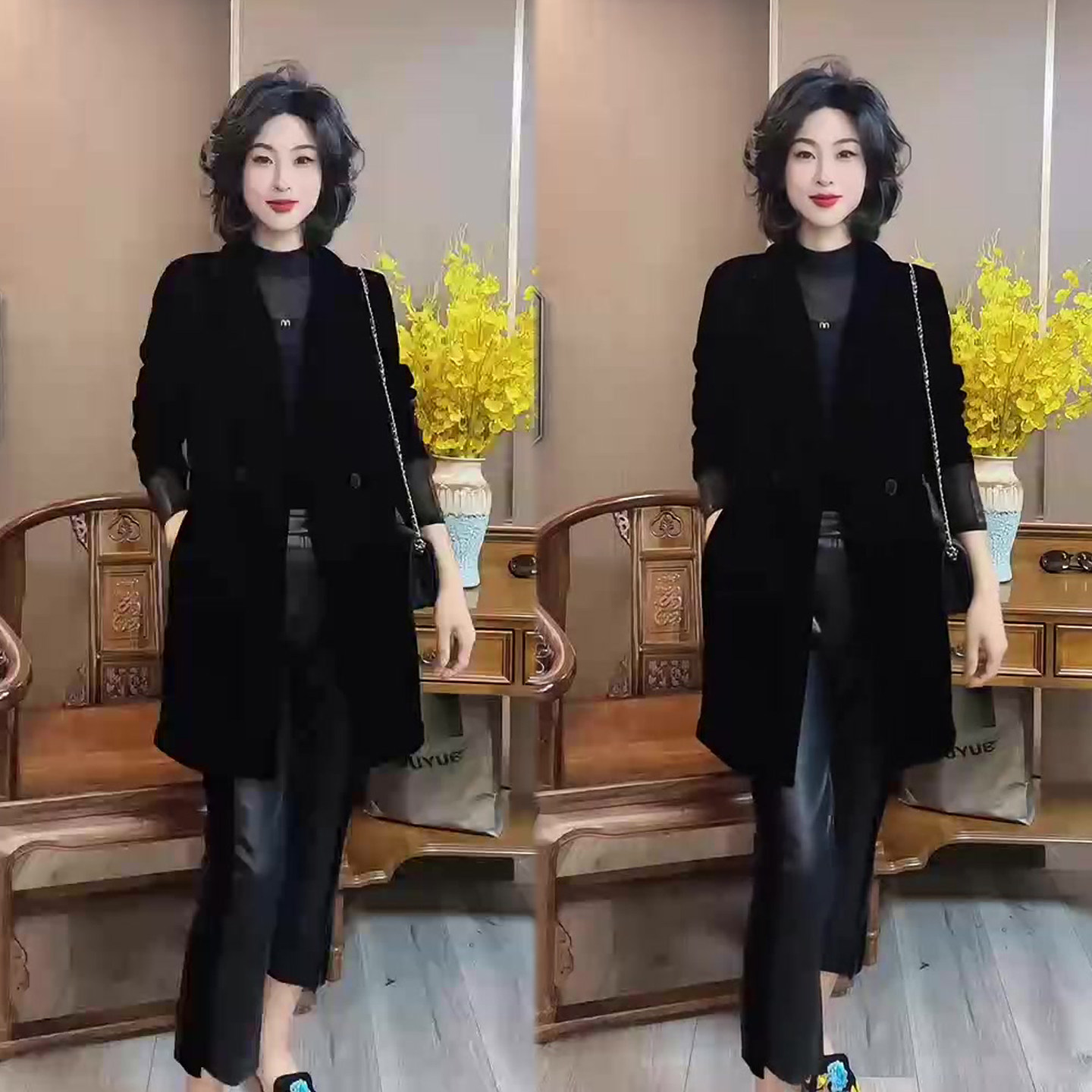成熟气质V领丝绒风衣外套女2026秋季新款百搭遮肉显瘦中长款大衣