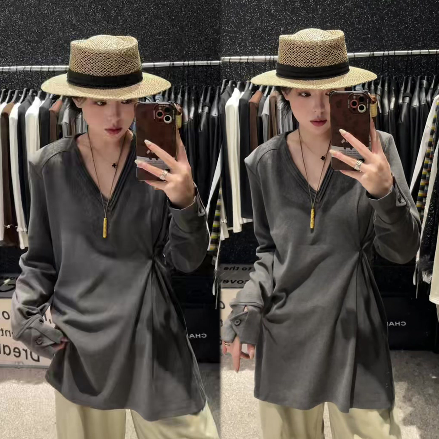 简约净版V领中长款T恤女2025冬季新款时尚百搭宽松遮肉上衣打底衫,女装/女士精品,T恤,淘宝优惠券,粉丝福利购,淘宝优惠卷