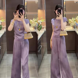 女神气质时尚套装女2026春夏季新款短袖+抽褶阔腿裤网红两件套装