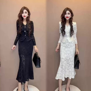 蕾丝上衣 赫本小香风时尚 新款 女秋季 包臀鱼尾裙两件晚宴礼服 套装