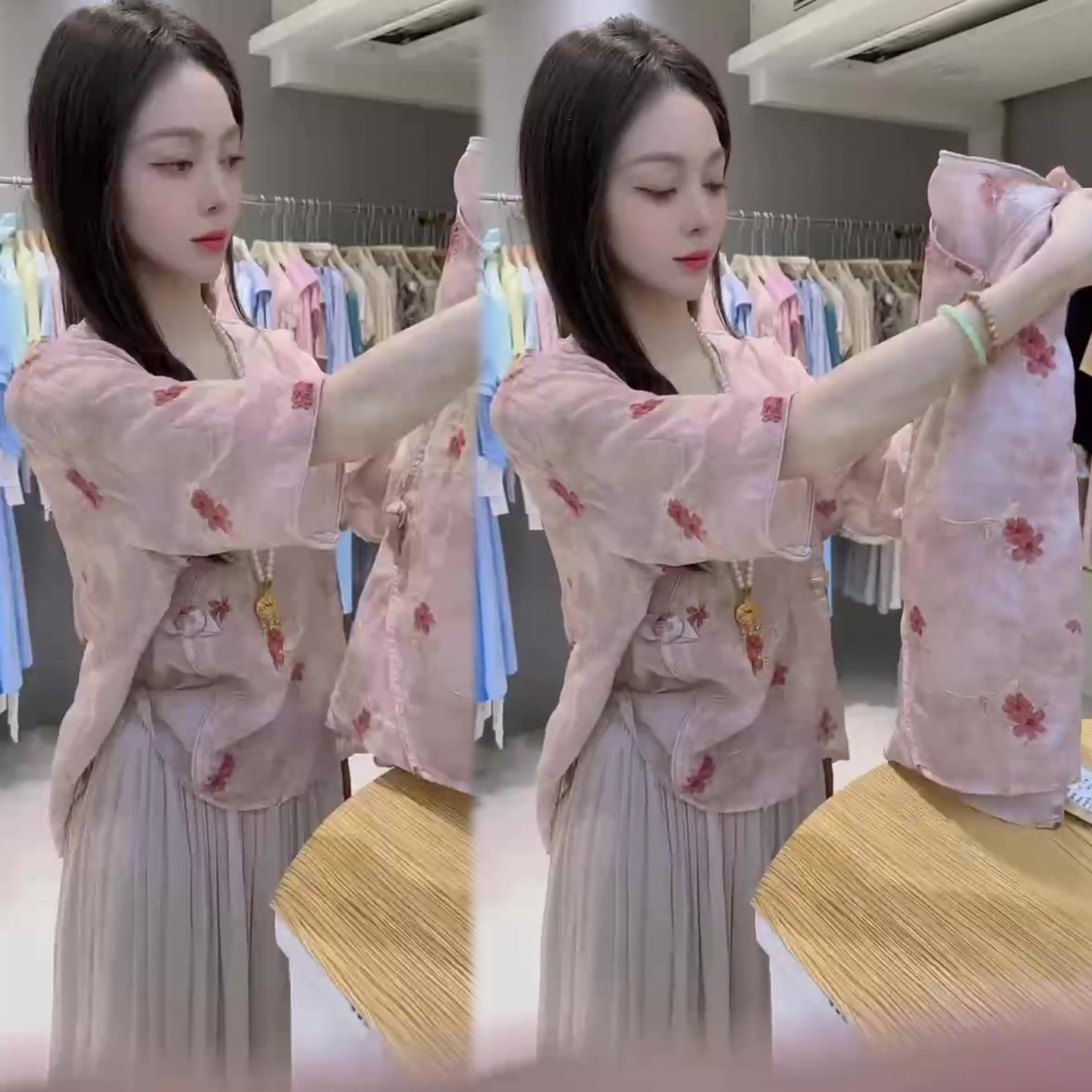 禅意风国风时尚套装女秋季新款粉色碎花甜美减龄上衣+半裙两件潮