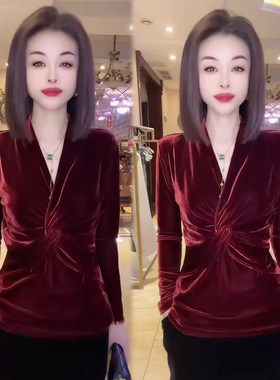 胸前扭结丝绒上衣女打底衫
