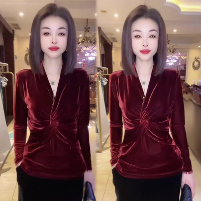 胸前扭结丝绒上衣女打底衫