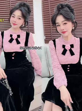 法式千金风蝴蝶结假两件连衣裙
