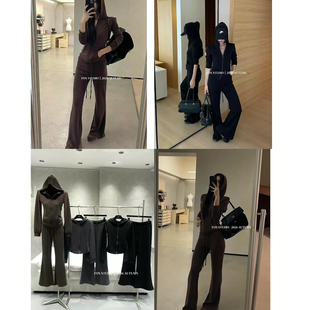 韩版网红休闲时尚套装女2026早秋新款连帽开衫+微喇裤爆款两件套