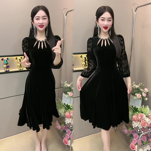 气质优雅时尚高级感丝绒连衣裙女性感洋气显瘦遮肉个性潮流A字裙