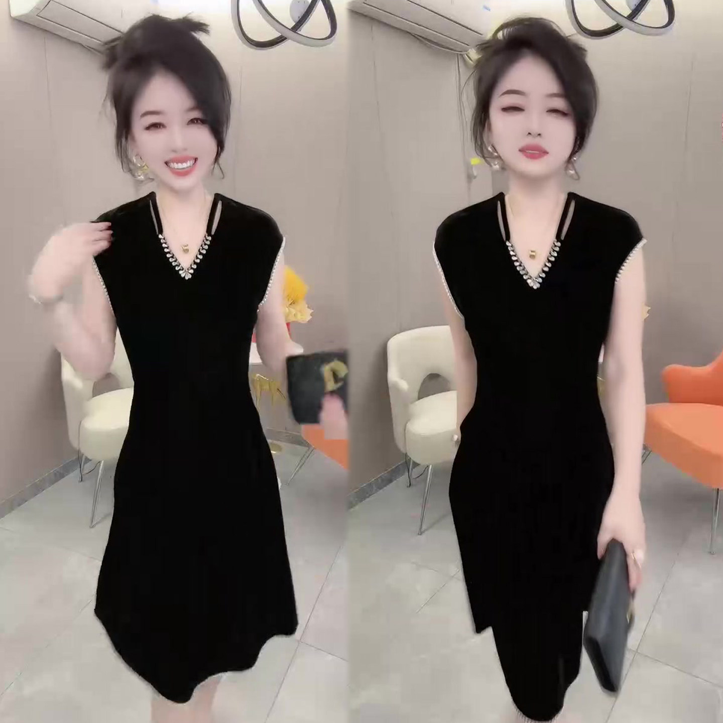 轻熟风V领串珠连衣裙女2026春夏季新款丝绒显瘦气质小黑裙长裙子