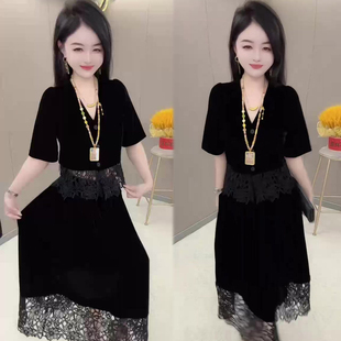 轻熟风丝绒时尚套装女2026春夏季新款蕾丝拼短袖+高腰半身裙两件