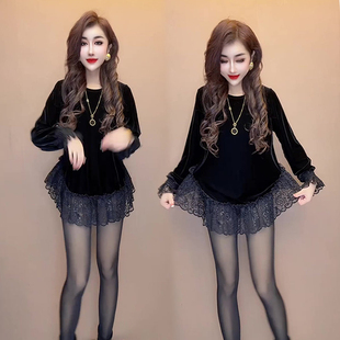 网红同款蕾丝拼接丝绒上衣女冬季新款显瘦遮肉高级感百搭长袖T恤