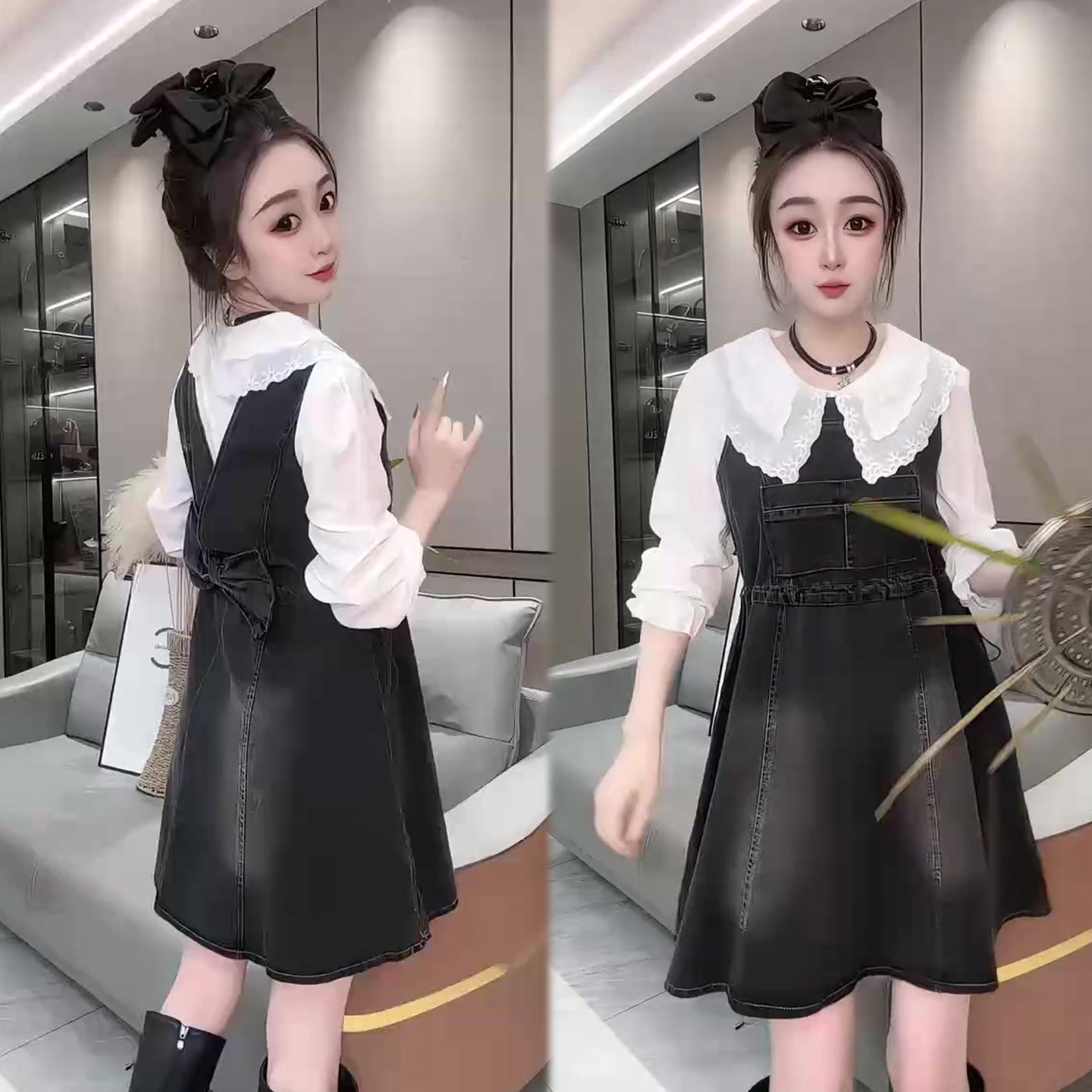 甜美减龄牛仔套装裙2026春季新款娃娃领白衬衫+背带连衣裙两件套