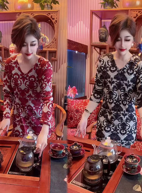法式复古印花连衣裙女中长裙