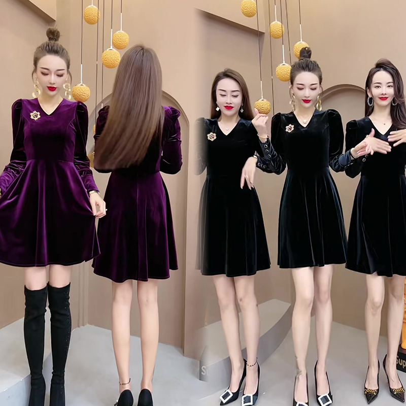 网红爆款金丝绒显瘦时尚连衣裙