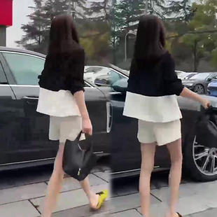 网红同款时尚高级感套装女春季百搭显瘦撞色上衣短裤休闲两件套潮