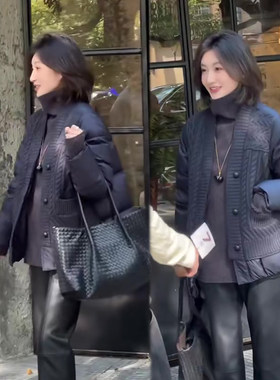 网红款时尚套装棉服+直筒PU皮裤