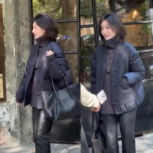 网红款时尚套装女冬季新款针织拼接棉服外套+直筒PU皮女裤两件套