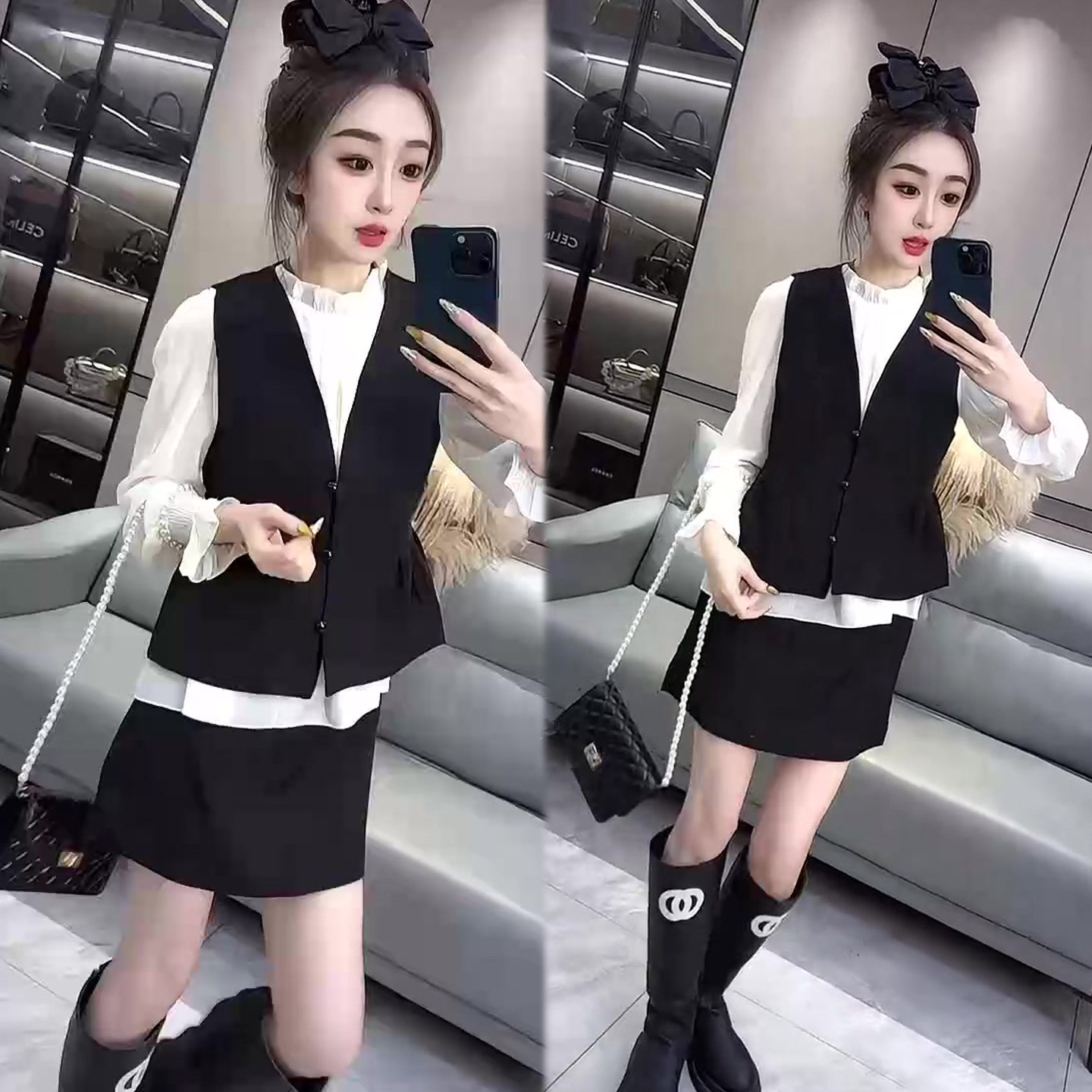 名媛风时尚套装女2026春季新款V领马甲+喇叭袖衬衫+短裙三件套潮