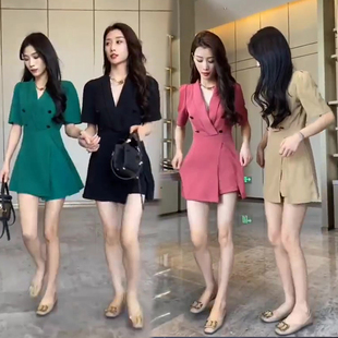 网红爆款时尚套装女2023年夏季新款韩版显瘦短袖西装领上衣+短裤