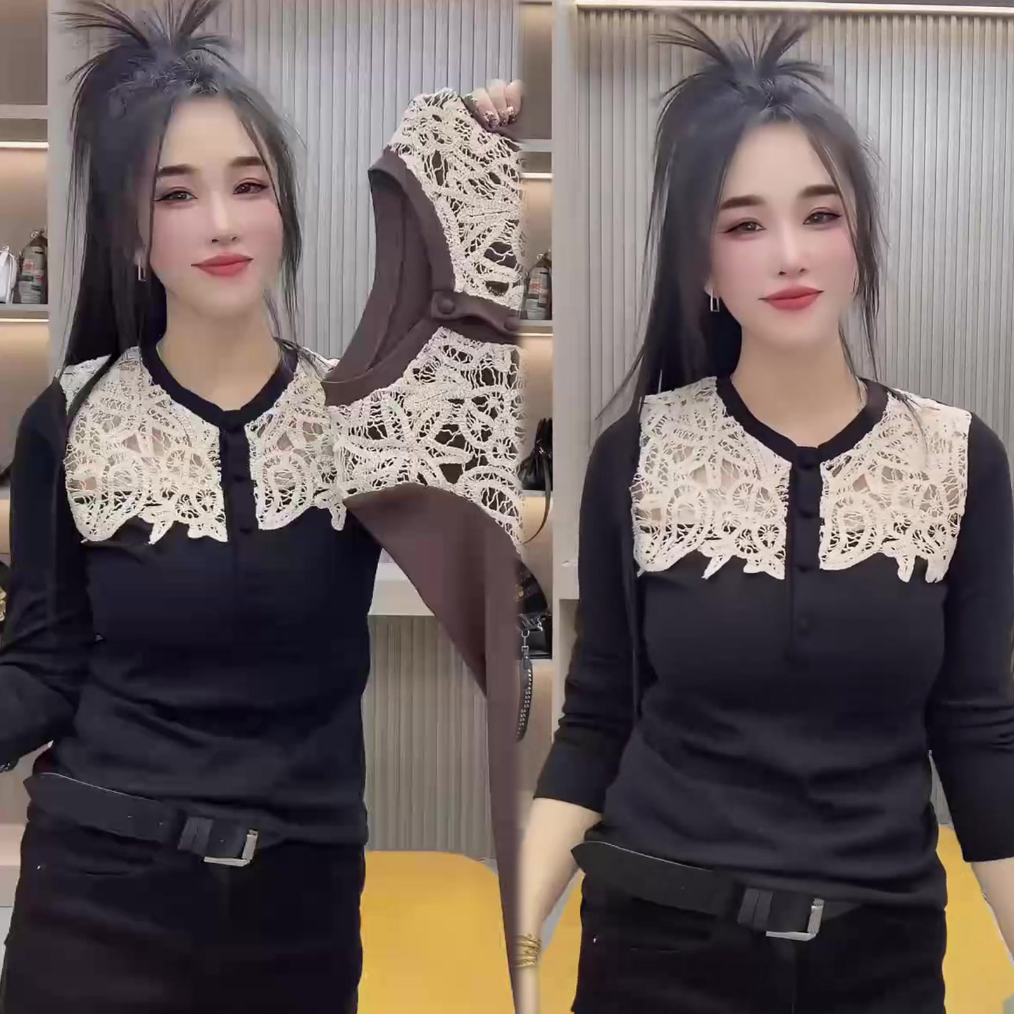 蕾丝拼接圆领打底衫女2025冬季新款时尚韩版显瘦小衫网红爆款上衣