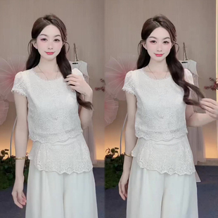 蕾丝时尚套装女2026夏季新款短袖+阔腿裤不规则斜边设计感两件套