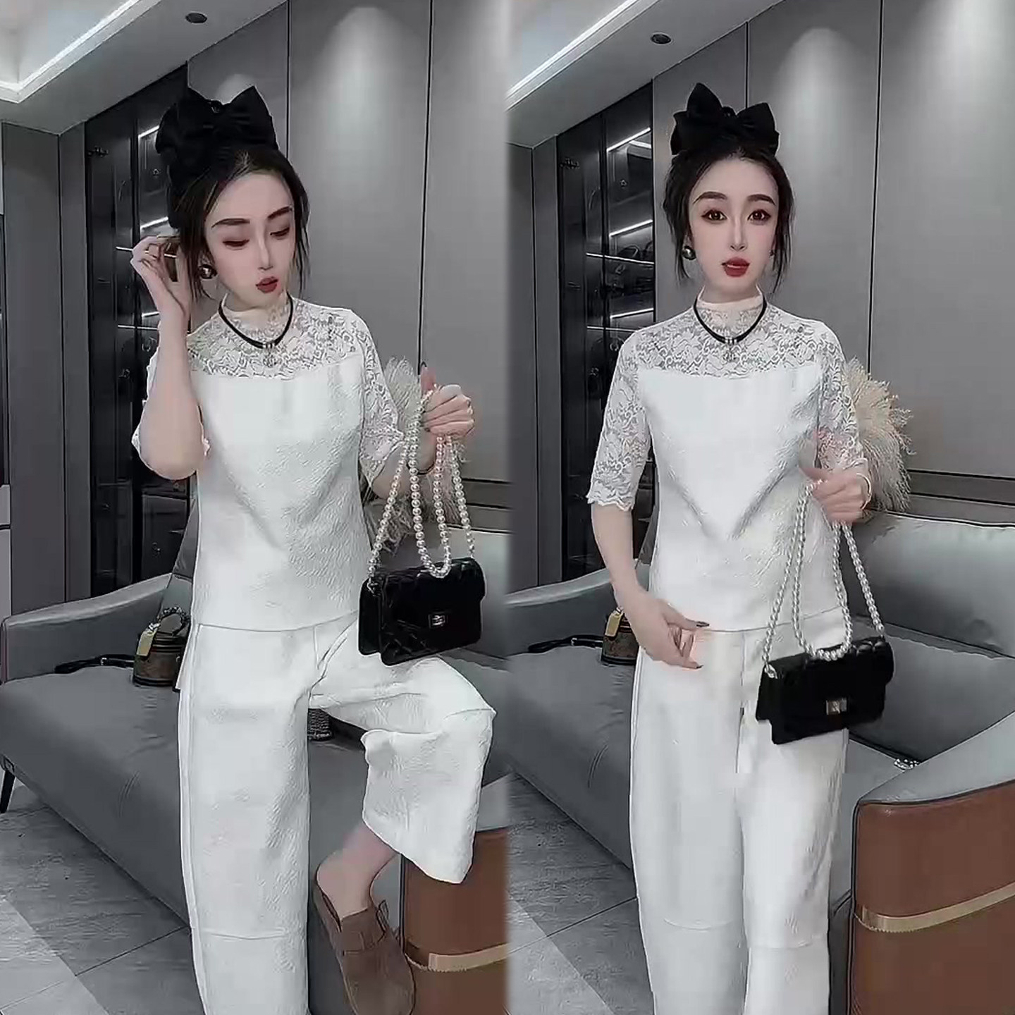 韩系洋气套装女2026春季新款蕾丝拼接打底衫上衣+阔腿裤两件套装,女装/女士精品,时尚套装,淘宝优惠券,粉丝福利购,淘宝优惠卷