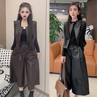 韩系PU皮质马甲阔腿裤套装女2026秋季新款时尚洋气两件套潮流搭配