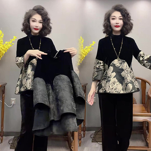 秋季新款金丝绒拼接设计感复古洋气上衣女韩版宽松遮肉长袖t恤潮