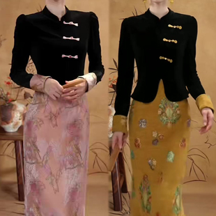 新款 裙冬季 新中式 丝绒立领盘扣上衣 民族风时尚 裙子两件套装 套装