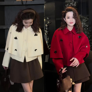 钉珠斗篷式毛呢外套女2026秋季新款甜美减龄洋气韩版外衣网红上衣