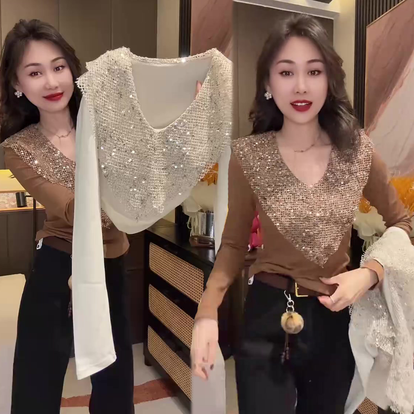 V领轻奢亮片打底衫女2025冬季新款修身显瘦韩版网红款小衫上衣潮