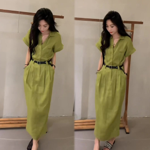复古POLO领短袖衬衫裙女2026春夏季新款收腰显瘦网红款连衣裙长裙