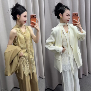 网红轻熟风时尚套装女2026秋季新款西服外套+蕾丝内搭+阔腿裤三件